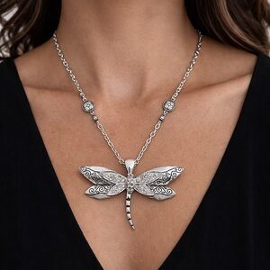 Dragonfly Pendant Necklace Silver Plated Pave Rhinestones Black Enamel 18”